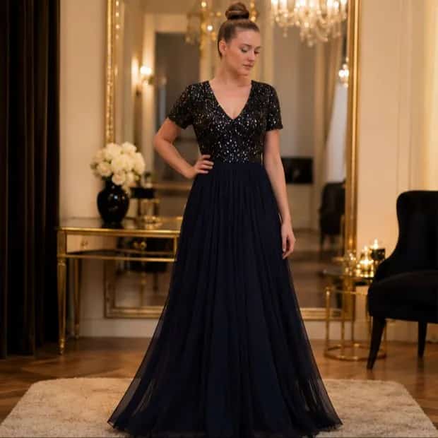 Ormar.app | sajt za prodaju garderobe | Maya deluxe teget duga elegantna haljina til šljokice S/M NOVO 
